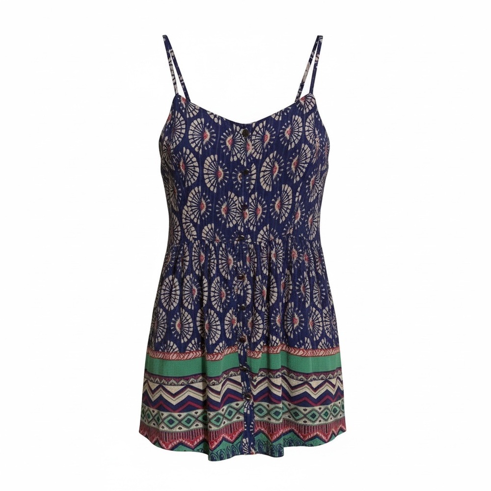 Forever 21 Blue Spaghetti Strap Smocked Top Size Large Poly/Rayon inside lined